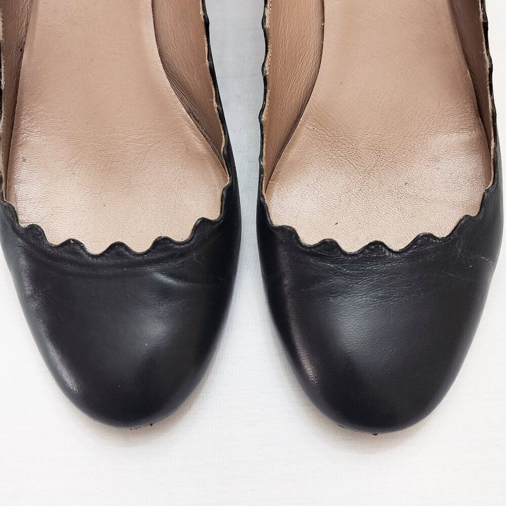 CHLOE Lauren Scalloped Leather Pumps Curved Block Heels Slip On 37.5 / 7.5 Black - Picture 6 of 16